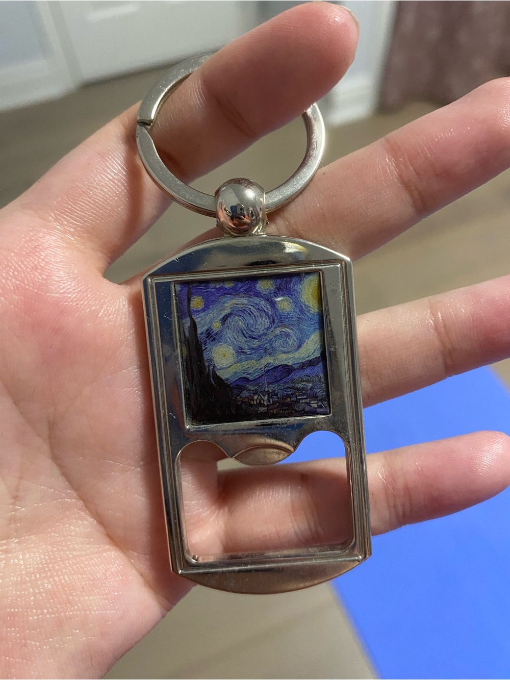 Silver Keychain Bottle Opener with Blue & Yellow Starry Art Insert